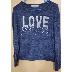 Biology Womens Pullover Sweater Blue Color Block Heathered Stretch Love spellout